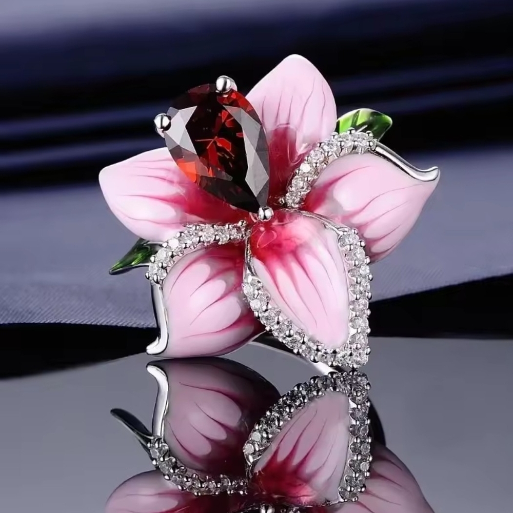 Pink Floral Enamel Ring Size 8